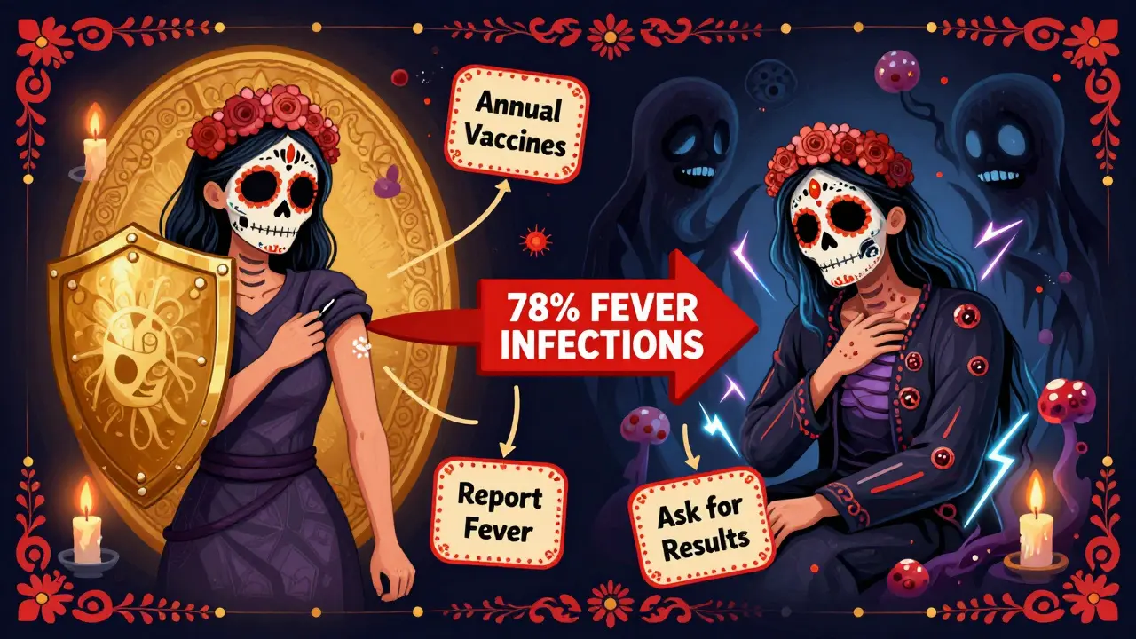 A split scene: one patient protected by a vaccine shield, another overwhelmed by infection spirits, with a bold arrow showing 78% fewer infections in Day of the Dead style.