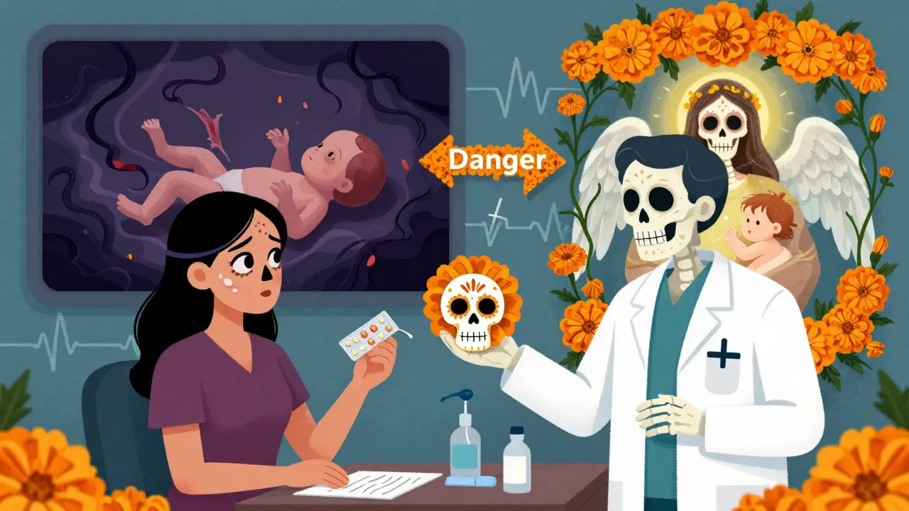 A woman choosing an IUD over birth control pills, with a split vision of seizure danger versus safe pregnancy under protective skeletal angels.