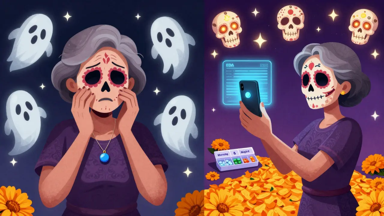 An older woman hesitates over a new blue pill, then smiles as she photographs it, with marigold petals forming a path to a labeled pill organizer.