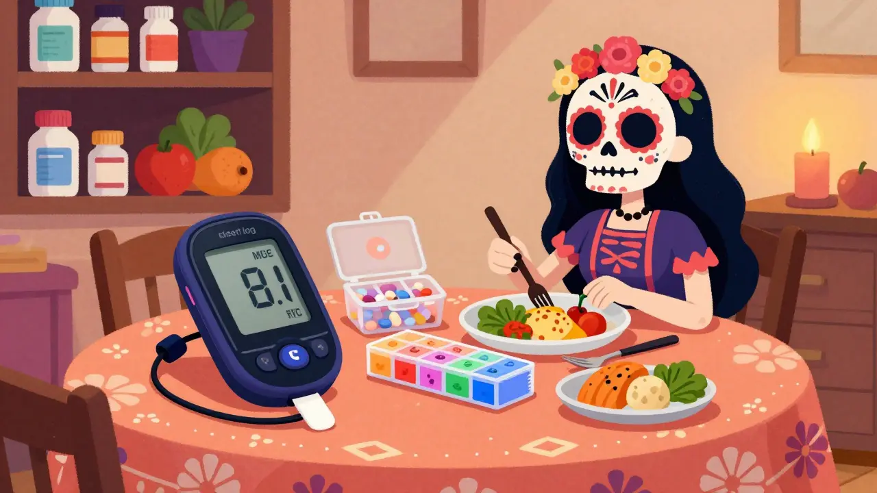 Character preparing a meal with pill boxes on a patterned table.