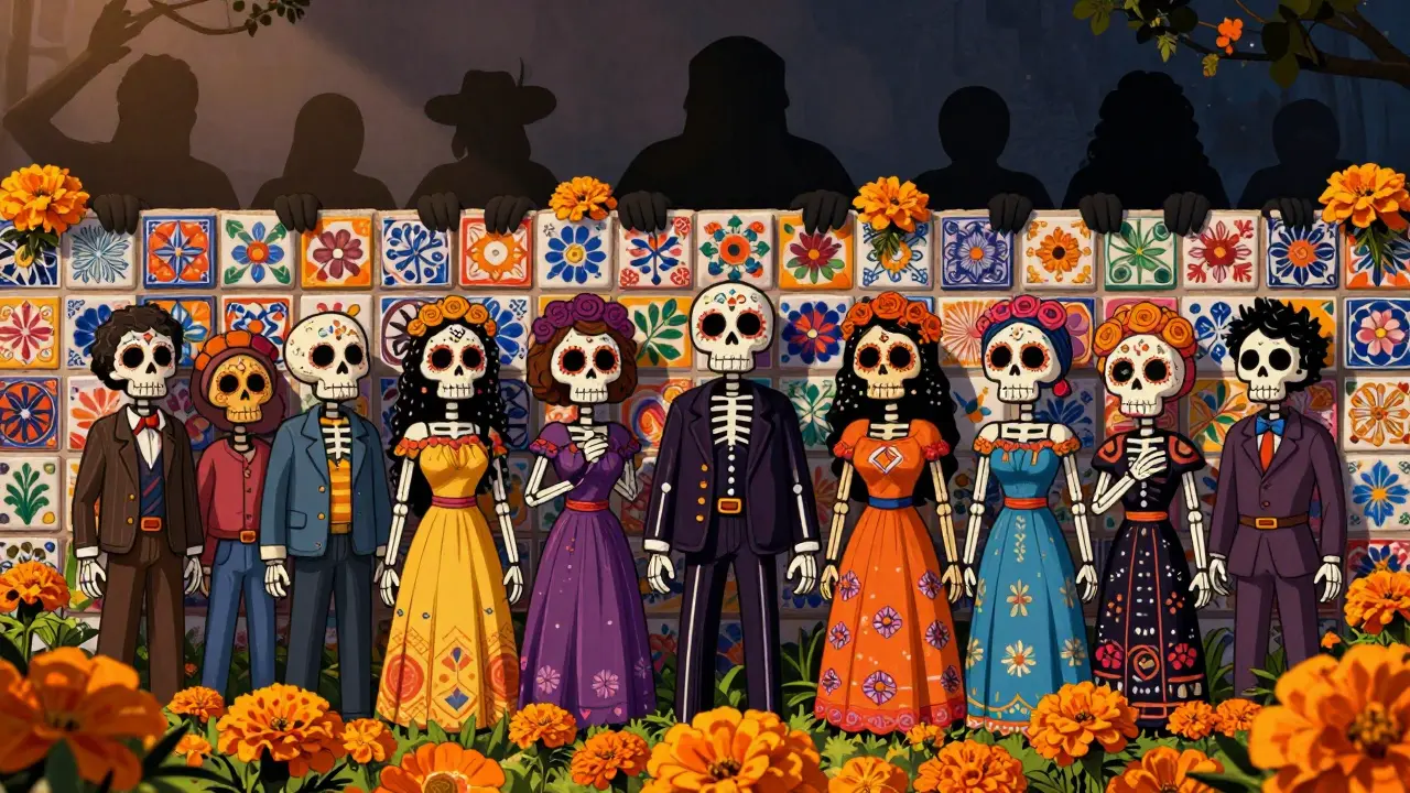 Colorful community standing behind a floral wall blocking shadowy threats.