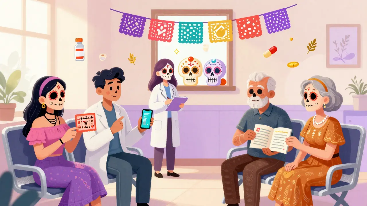Diverse patients in a clinic hold personalized medication cards, with DNA tattoos and digital trackers, while calaveras smile in the background.