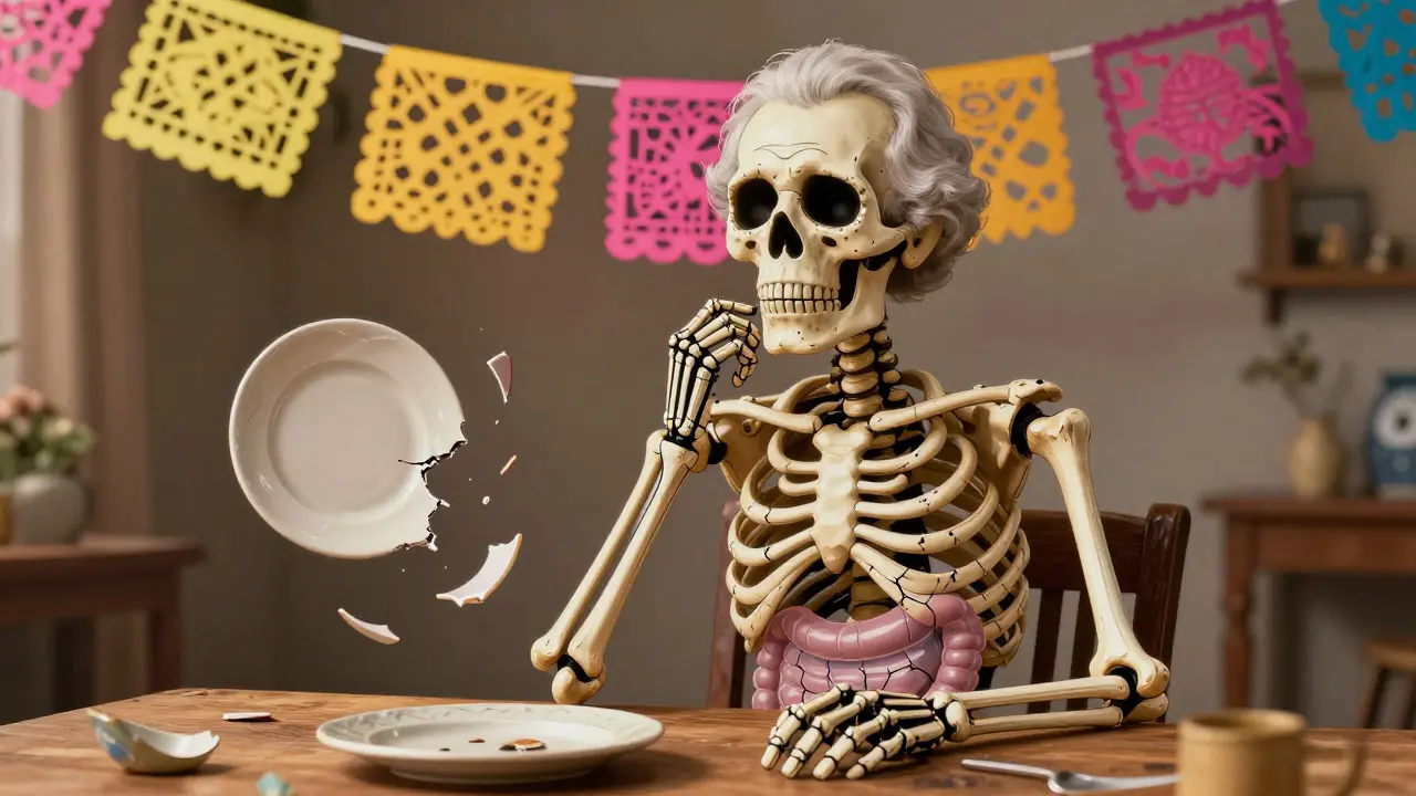 Elderly skeleton at table with transparent cracked stomach and hanging paper decorations.