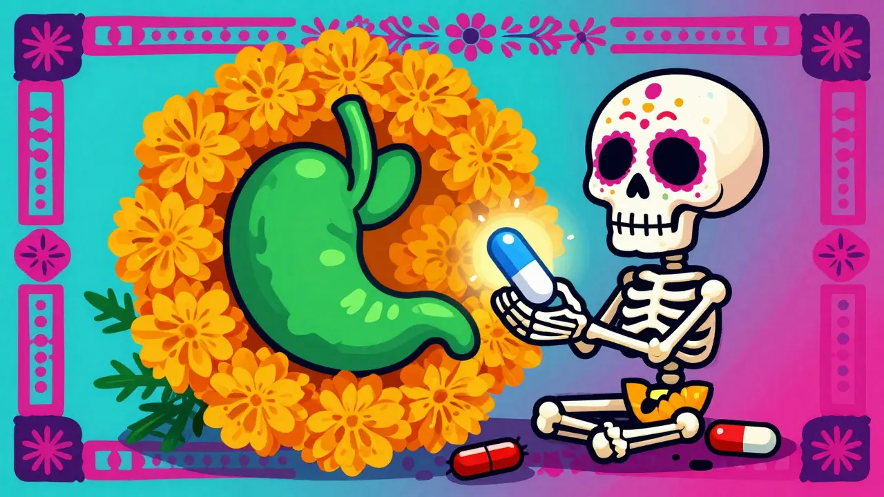 Golden flower shield protecting stomach organ beside a glowing white capsule and discarded red pills.