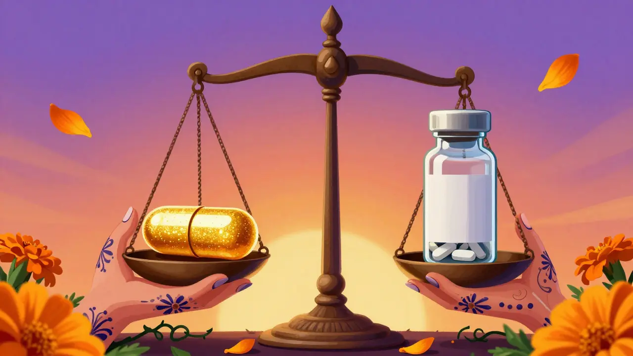 Hands with intricate designs holding a gold pill versus a white generic pill.