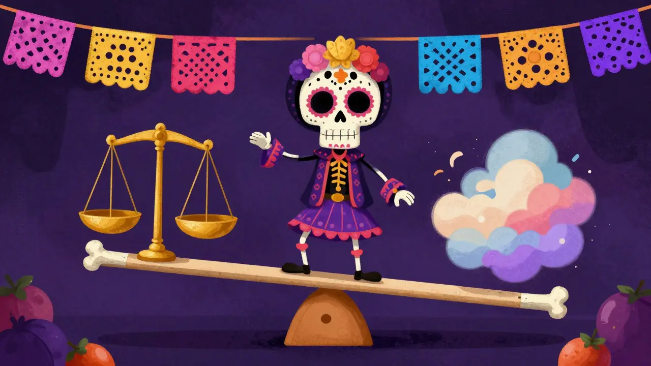 Illustration of balancing scales showing benefits and side effects.