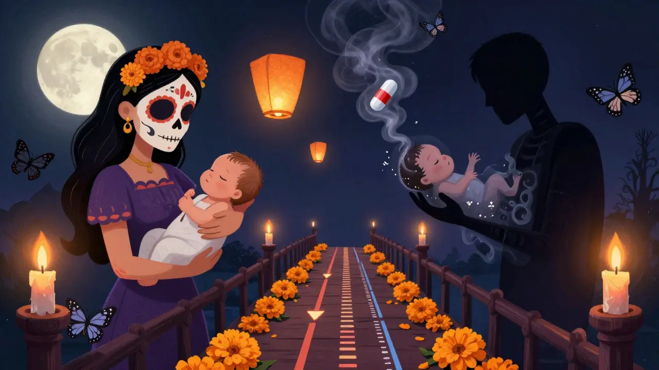 Mother holding newborn under moonlight, with UDCA lanterns floating beside a dissolving fetal shadow, all framed by marigolds and butterflies