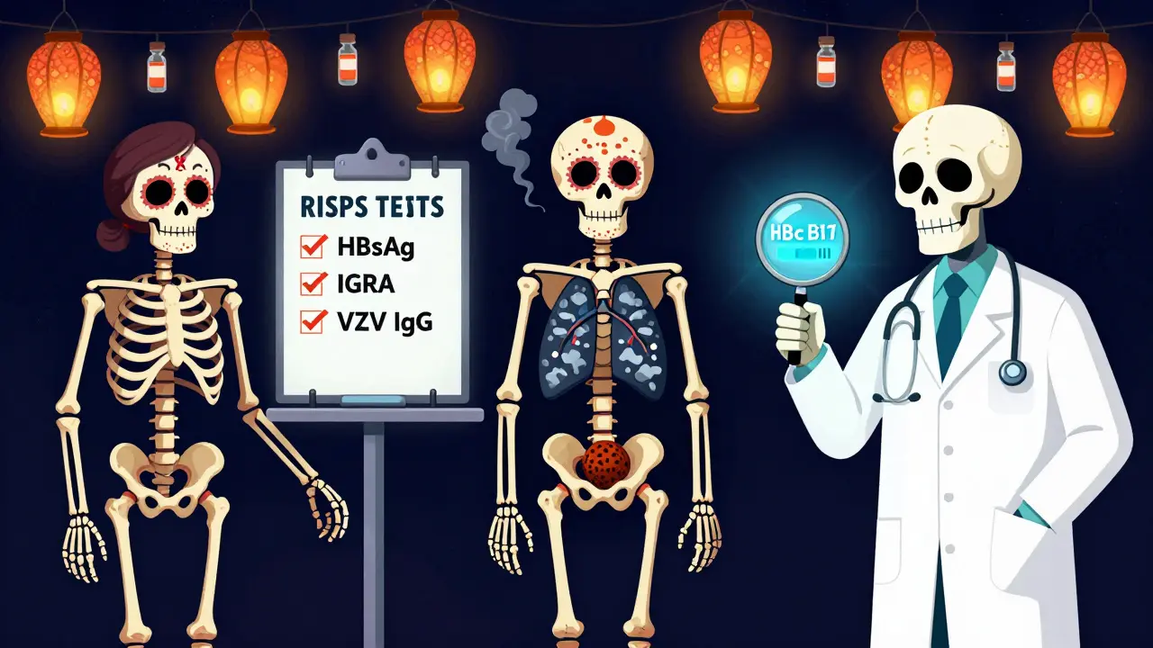 Three risk-identified skeletons being evaluated by a doctor skeleton with glowing medical tests floating around them under vaccine-shaped lanterns.