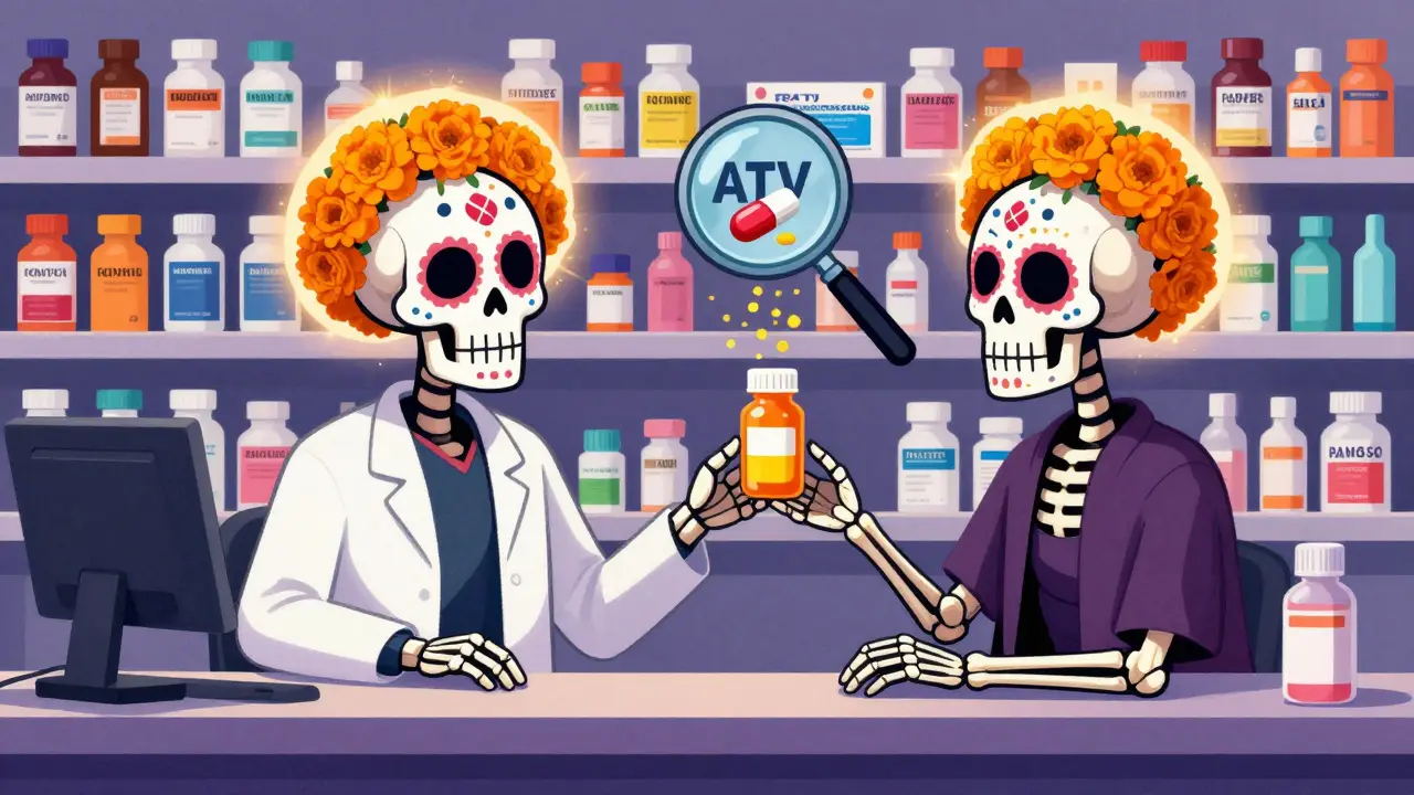 Two skeletons at a pharmacy counter exchange a pill bottle, surrounded by colorful generic drugs with sugar skull designs and glowing marigolds.
