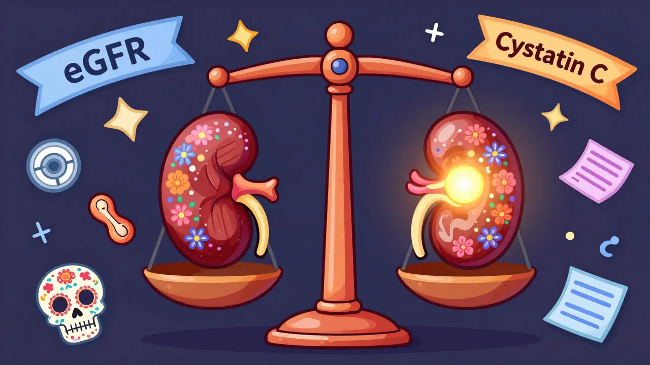 A decorative scale balancing muscle and kidney health in sugar-skull folk art style.