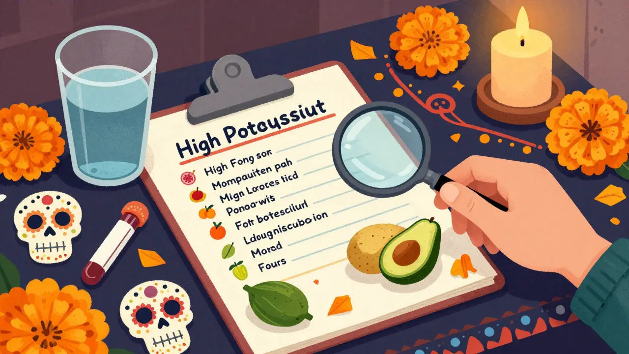 An altar-like table with a food chart and medical report decorated with Day of the Dead motifs.