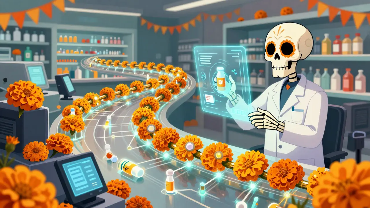 Digital blockchain network made of marigolds and circuits in a futuristic Day of the Dead pharmacy.