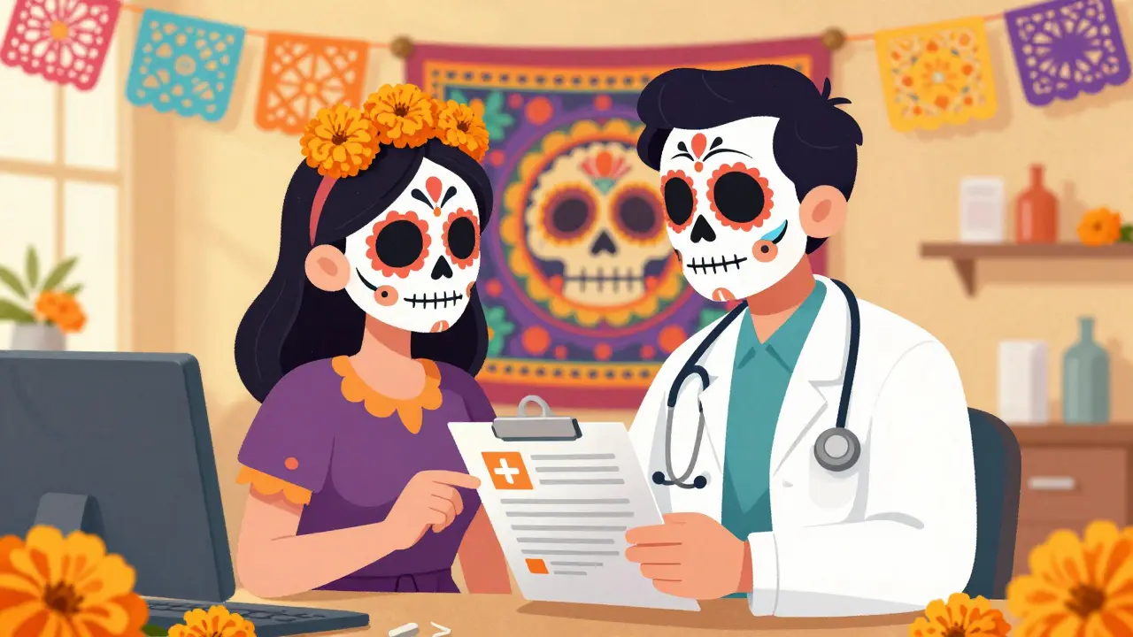 Doctor and caregiver with Calavera face paint discussing a colorful medical tapestry.