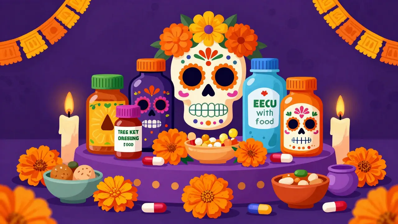 Medication bottles on a festive Day of the Dead altar with candles and marigold flowers.