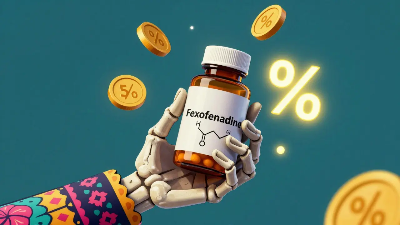 Skeletal hand holding a medicine bottle surrounded by floating golden coins and discount symbols.