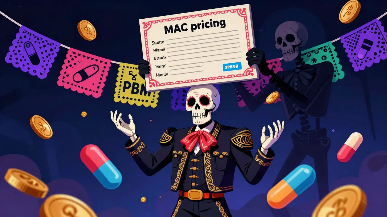 Skeletal pharmacist juggling pills under a PBM pricing ceiling with colorful papel picado banners.
