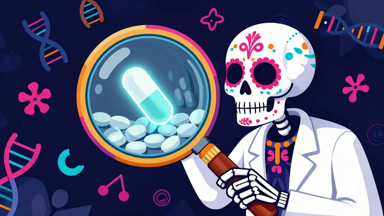 Skeletal scientist using a magnifying glass to find a glowing pill signal among many.