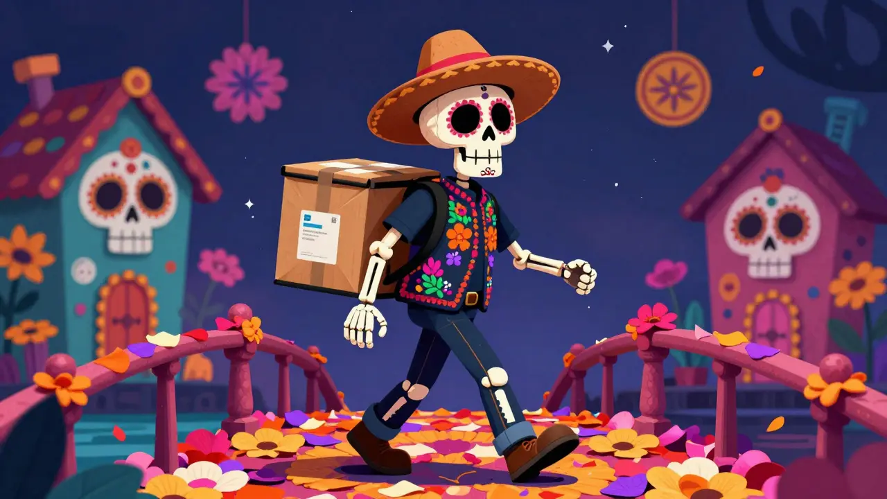 Skeleton courier delivering a medical package in a colorful folk art setting