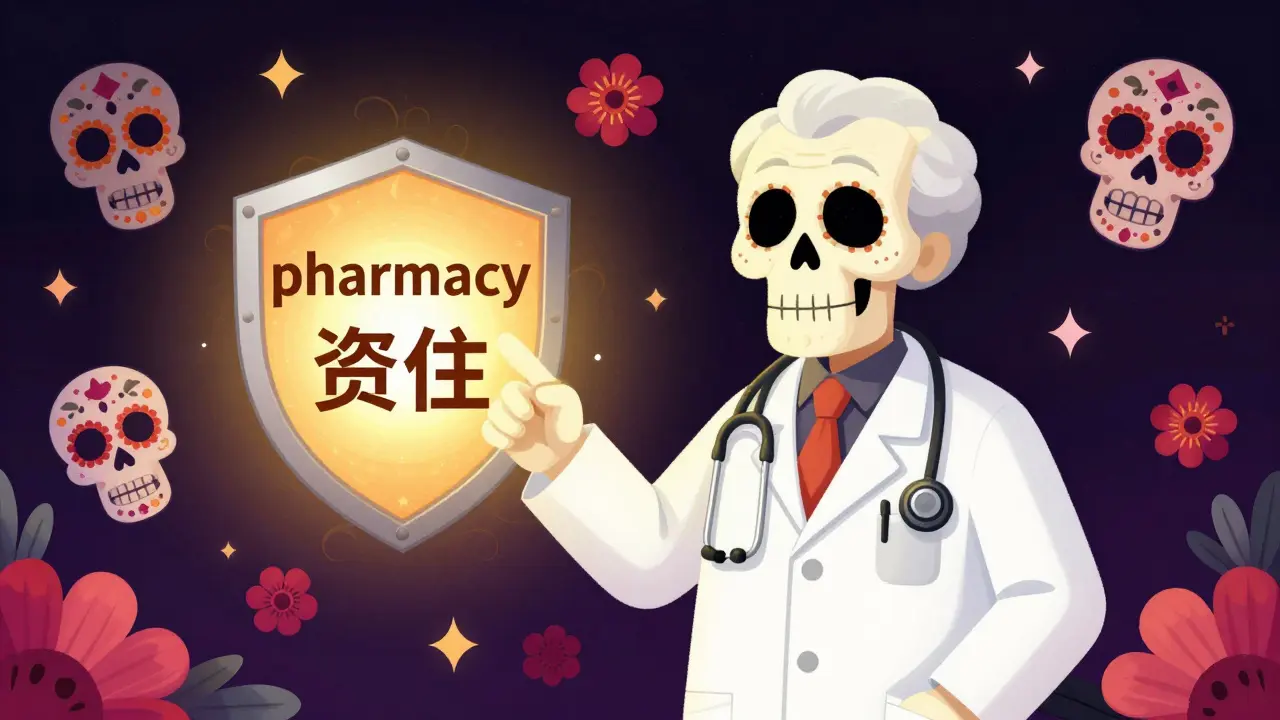 Skeleton doctor pointing to a glowing safety shield with vibrant Day of the Dead patterns