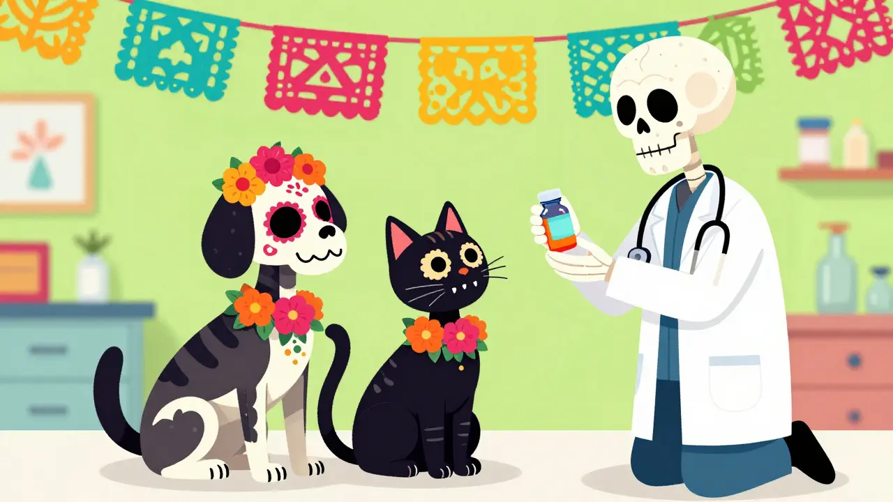 Skeleton dog and cat with a veterinarian in a festive clinic with papél picado banners.