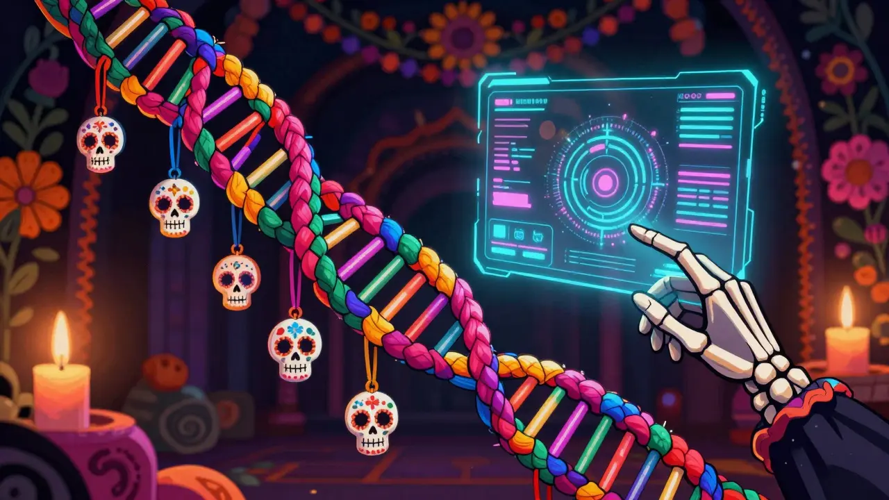 Stylized DNA strand as a festive rope with a holographic AI interface.