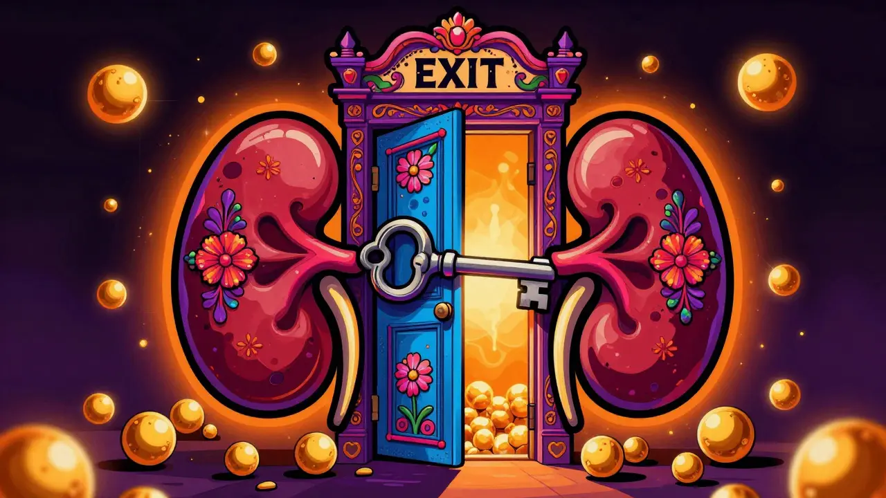 Stylized kidney with a closed ornate door and accumulating golden potassium ions in folk art style.
