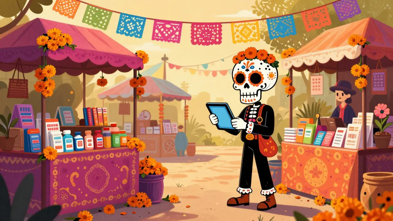 Sugar-skull character using a tablet to compare prices at a festive Day of the Dead marketplace.